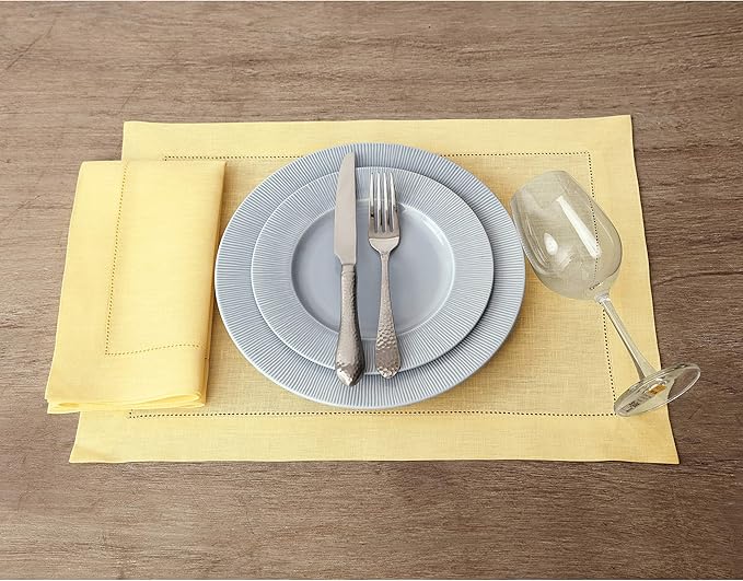 Solino Home Linen Placemats Set of 4 - Classic Hemstitch Yellow Placemats 14 x 19 Inch - 100% Pure Linen Table Mats