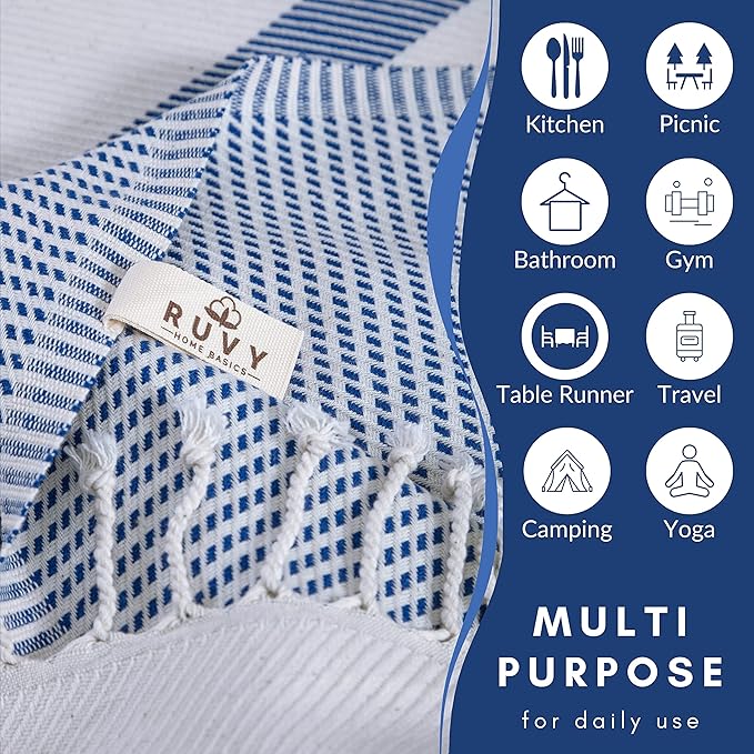 Ruvy Home Basics Turkish Hand Towels for Bathroom Set of 4 | 18"x40", Cotton | Decorative Towel for Bathroom, Kitchen, Dishcloth, Tea, Yoga, Face, Gym - Navy