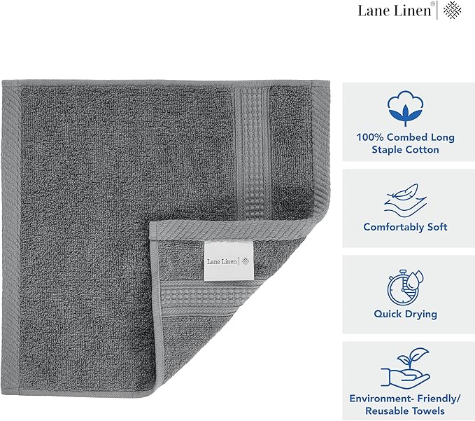 LANE LINEN Pack of 12 Washcloths Set - Spa & Salon Quality - 100% Mercerized Cotton Face Towels - Ring Spun, Very Soft & Absorbent Wash Cloths for Showering - Fingertip Towels - 13"x13", Space Grey