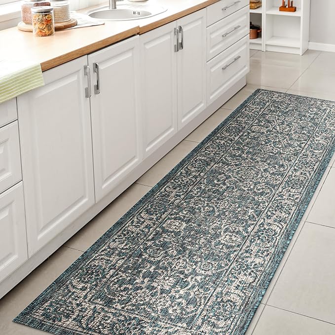 JONATHAN Y Weave Floral Indoor Outdoor Runner Rug 2X10 Teal/Gray, Tela Bohemian Textured for Backyard, Patio, Porch, Easy-Cleaning, High Traffic, Pet-Friendly, Non-Shedding (SMB100C-210)