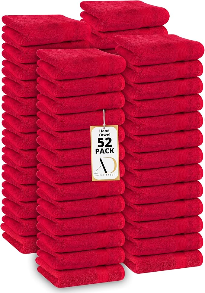 Ample Decor Hand Towel 18 X 28 Inch Pack of 52 600 GSM 100% Cotton, Soft Absorbent Thick Durable Premium Quality, for Hotel, Bathroom, Spa, Daily Use, Gym - Machine Washable - Christmas Red