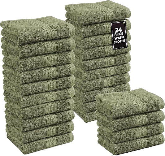 LANE LINEN 100% Cotton Washcloths 24 Pack - Spa & Salon Quality - Ring Spun Cotton Face Cloths - Very Soft & Absorbent Wash Cloths for Body, Beauty, Home, Gym - Fingertip Towels - 13"x13", Oil Green
