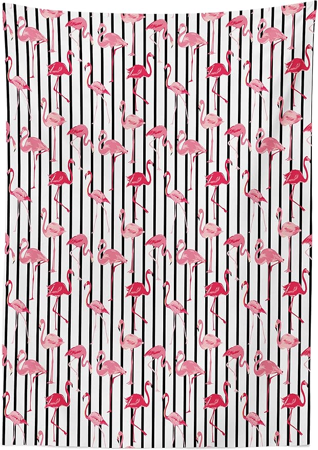 Ambesonne Flamingo Tablecloth, Flamingo Birds Pattern on Vertical Striped Background Tropical Garden Wild Nature, Dining Room Kitchen Rectangular Table Cover, 60" X 84", Black Pink