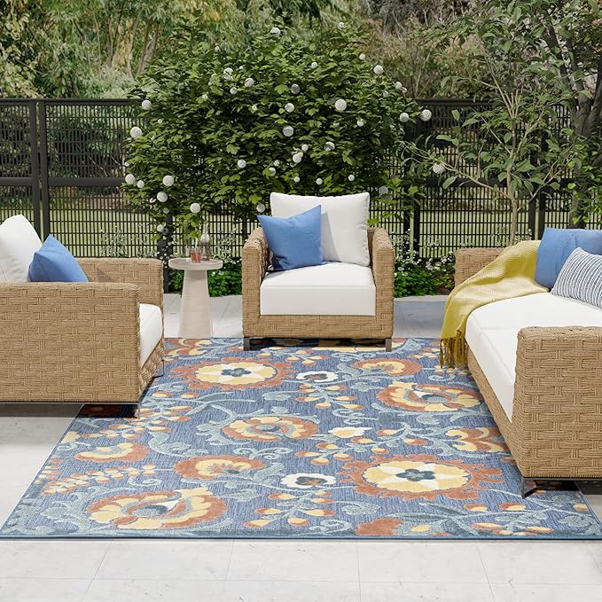 Nourison Home Aloha Blue Rose 7'10" x 10'6" Area Rug - Easy Clean, Non Shedding, Bed Room, Living Room, Dining Room, Kitchen (8' x 11')