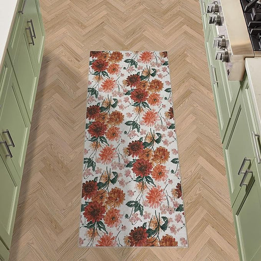 Laura Ashley Beige Dahlias Floral Machine Washable & Slip Resistant 26" x 60" Runner Rug