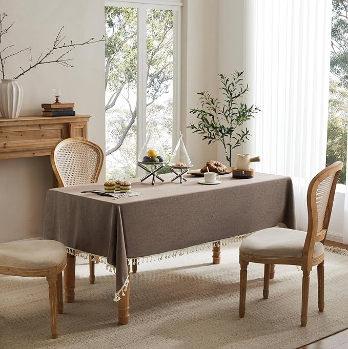 Linen Tablecloth with Tassels, Farmhouse Style Brown Tablecloth, Water Resistant Burlap Tablecloths for Rectangle Table, 60x104 Inch Cocoa Brown
