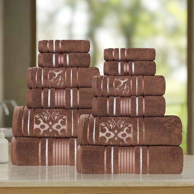 Superior Cotton 12 Piece Assorted Floral Towel Set, Includes 4 Bath, 4 Hand, 4 Washcloth/Face Towels, Quick Dry, Home Essentials, Shower, Spa, Luxury Plush Soft Absorbent Towels, Zero Twist, Chocolate