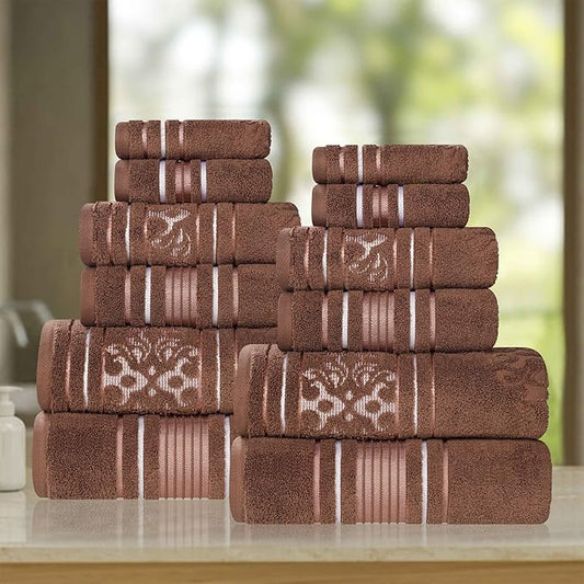 Superior Cotton 12 Piece Assorted Floral Towel Set, Includes 4 Bath, 4 Hand, 4 Washcloth/Face Towels, Quick Dry, Home Essentials, Shower, Spa, Luxury Plush Soft Absorbent Towels, Zero Twist, Chocolate