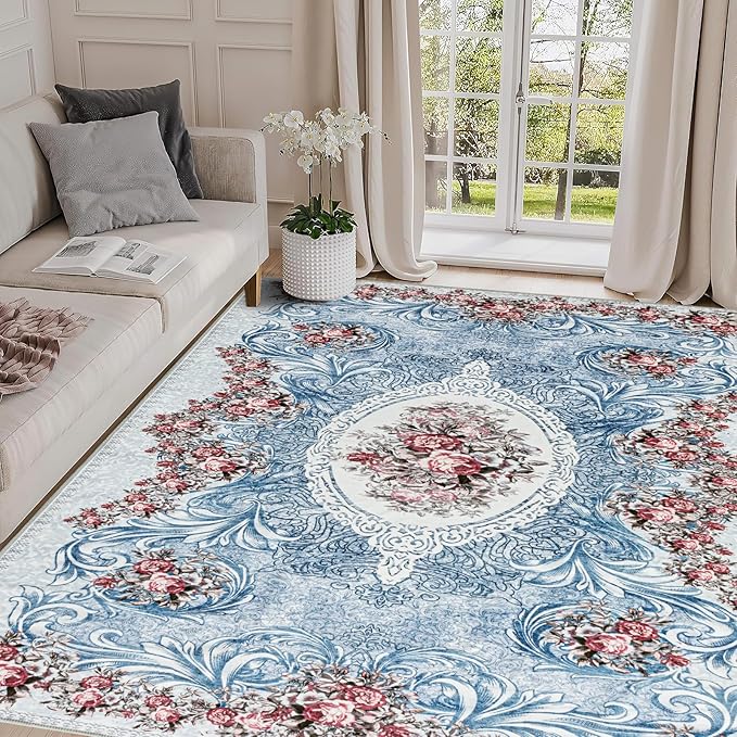 Easy-Going Large Area Rug 8x10 Washable Floral Rug for Living Room Non-Slip Bedroom Rugs Low Pile Lightweight Retro Flowers Throw Rug for Dining Room Kitchen Home Office Carpet, Teal Red