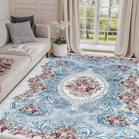 Easy-Going Large Area Rug 8x10 Washable Floral Rug for Living Room Non-Slip Bedroom Rugs Low Pile Lightweight Retro Flowers Throw Rug for Dining Room Kitchen Home Office Carpet, Teal Red