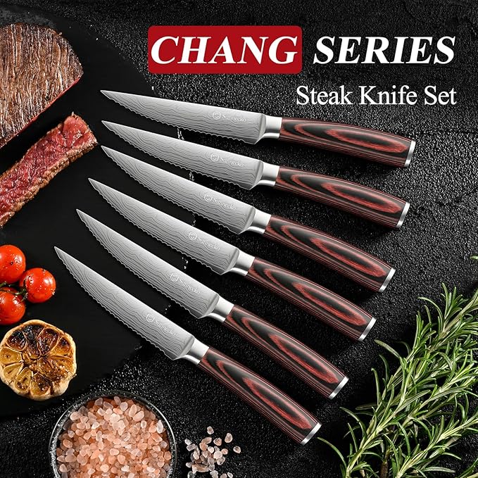 Sunnecko Steak Knives Set of 6,Premium Stainless Steel Serrated Steak Knife Set,Pakkawood Handle 4.5 Inch Kitchen Steak Knife with Gift Box
