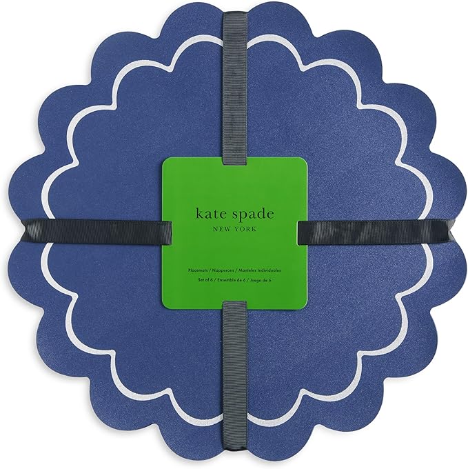 Kate Spade New York Scallop Edge Round Reversible Placemats 6-Pack Set, Imitation Leather with Metallic Print, Water Resistant, Easy Wipe Clean, Navy/Silver, 15" Round