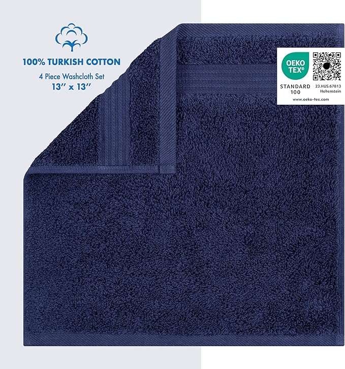 Cotton Paradise 100% Cotton Turkish Washcloth Set for Bathroom, 4 Piece Soft Absorbent Small Hand Face Towels Wash Rags, Navy Blue