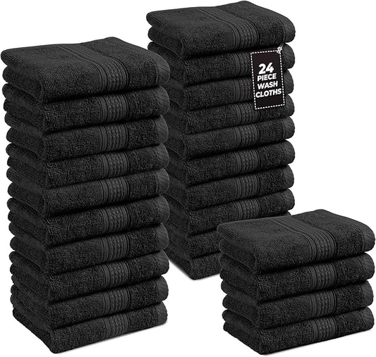 LANE LINEN 100% Cotton Washcloths 24 Pack - Spa & Salon Quality Face Towels - Ring Spun, Soft & Absorbent Wash Cloths for Body, Beauty, Home, Gym - Fingertip Towels Set- 13"x13", Black Washcloths