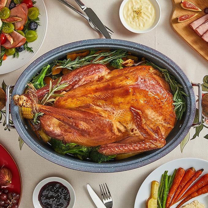 BRONYPRO Large Turkey Roasting Pan with Lid & Rack, 18-Inch Durable Granite Non-Stick Roaster, 20 lb Capacity for Roasting Turkey, Chicken, or Vegetables, Red