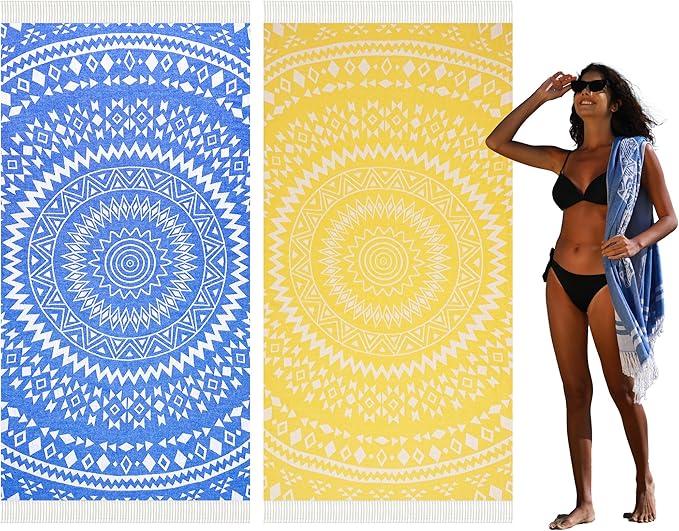 2 Pack Turkish Beach Towel Quick Dry Absorbent Cotton Lightweight Thin Bathroom Bath Pool Swim Towels Extra Large Oversized Sand Free Beach Accessories Essentials Stuff Cloud Adults Gift