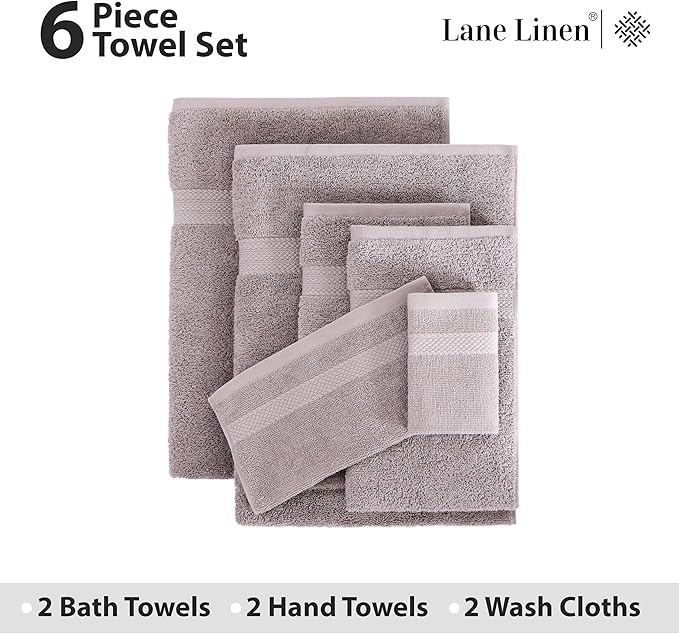 LANE LINEN 100% Cotton Bathroom Towel Set - 6 Pieces - Fluffy, Super Soft & Highly Absorbent - 2 Large Bath Towels, 2 Washcloths, 2 Hand Towels - Ringspun, Double Sided Cotton Terry - Platinum