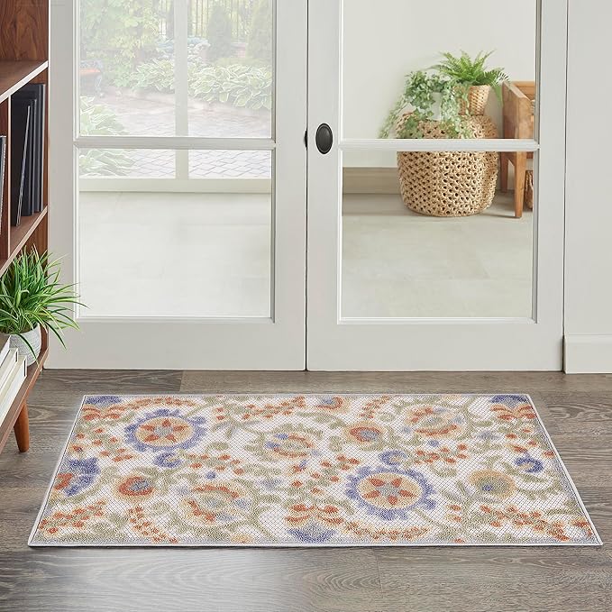 Nourison Home Aloha Ivory Blue 2'8" x 4' Area Rug - Easy Clean, Non Shedding, Bed Room, Living Room, Dining Room, Kitchen (3' x 4')