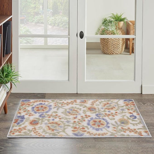 Nourison Home Aloha Ivory Blue 2'8" x 4' Area Rug - Easy Clean, Non Shedding, Bed Room, Living Room, Dining Room, Kitchen (3' x 4')