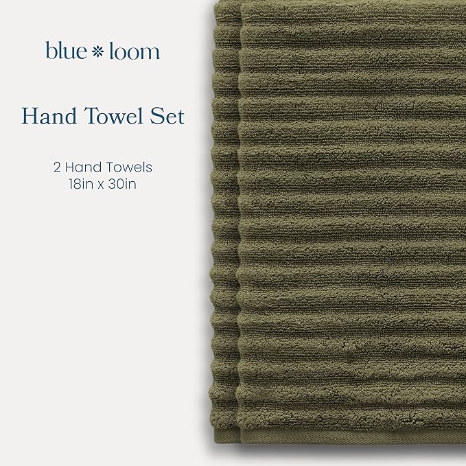 Blue Loom Ribbed Hand 2 Towels Set, 100% Cotton 600GSM, Soft Absorbent Durable Quick Drying for Bathroom - Mason 2 Piece 18" x 30" - Moss