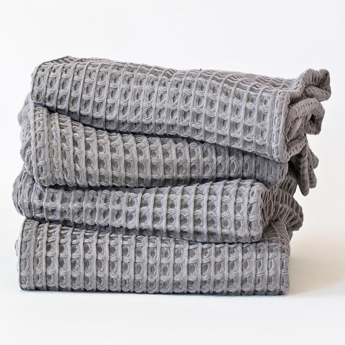 Premium Waffle Hand Towels Pack of 4 Extra Large 20x35 inch - 100% Turkish Cotton, Waffle Weave, Quick Dry, Lint Free, Super Absorbent, Thin Hand Bath Towel (Gray, Set of 4 Hand Towels)