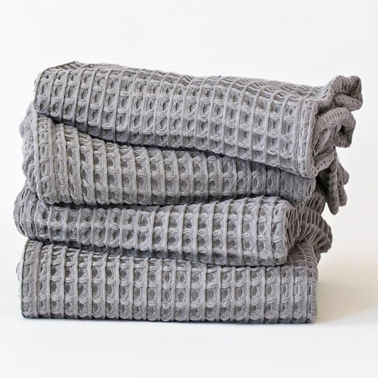 Premium Waffle Hand Towels Pack of 4 Extra Large 20x35 inch - 100% Turkish Cotton, Waffle Weave, Quick Dry, Lint Free, Super Absorbent, Thin Hand Bath Towel (Gray, Set of 4 Hand Towels)