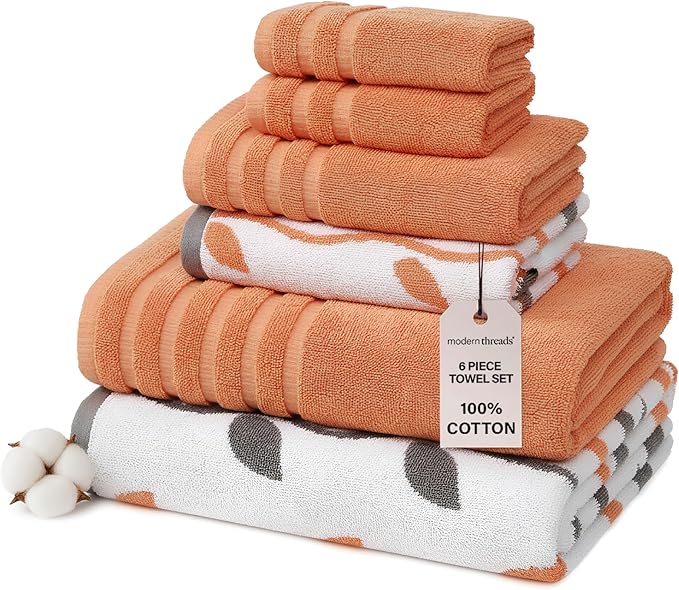 Modern Threads Organic Vines 6-Piece 100% Cotton Towel Set – Yarn Dyed Jacquard & Solid – Includes 2 Bath Towels, 2 Hand Towels, 2 Washcloths – Absorbent, Quick Dry, Soft & Durable – Orange