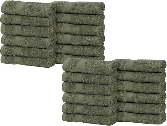 Superior 24-Piece Cotton Face Towel/Washcloth Set, Small Towels for Facial, Spa, Resort, Quick Wash, Gym, Resort, Bathroom Essentials, Master/Guest Bath Decor, Soft, Franklin Collection, Green