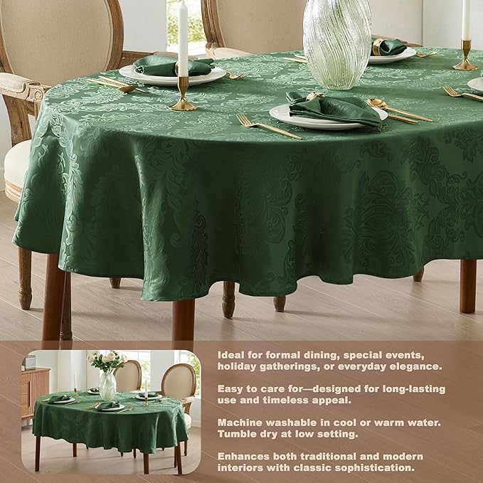 Newbridge Christmas Barcelona Damask Fabric Tablecloth, 60 x 84 Inch Oval, Hunter Green – No Iron, Soil Resistant Table Cover for Dining, Parties and Holidays