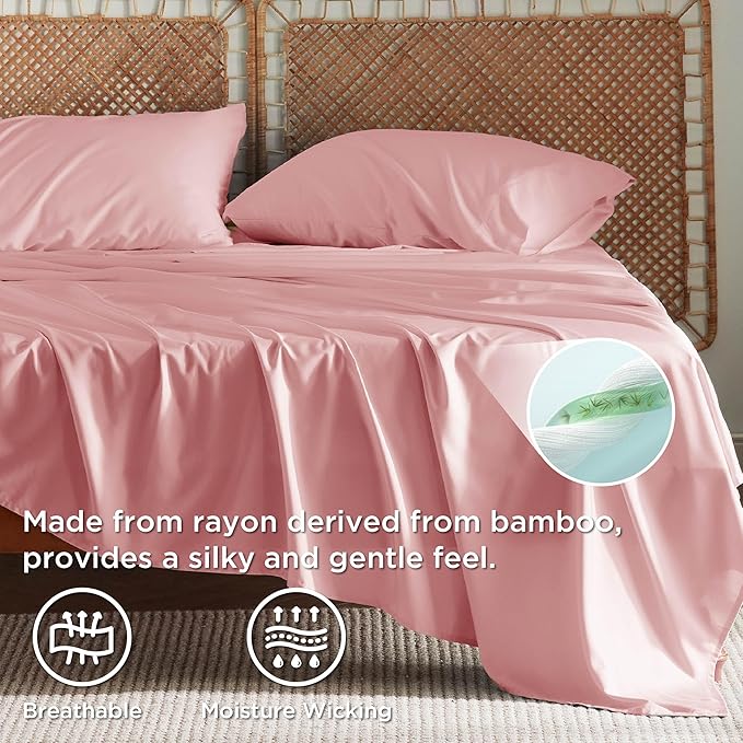 Bedsure California King Sheet Sets, Cooling Sheets, Rayon Derived from Bamboo, Breathable & Soft, Deep Pocket Up to 16 Inches, Hotel Luxury Silky Bedding for Hot Sleepers, Blush Pink