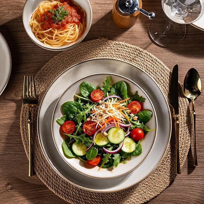 AmorArc Ceramic Dinnerware Sets for 4, 12 Pieces Handpainted Stoneware Plates and Bowls Set, Scratch Resistant Dishes Set, Dishwasher & Microwave Safe, Cappuccino