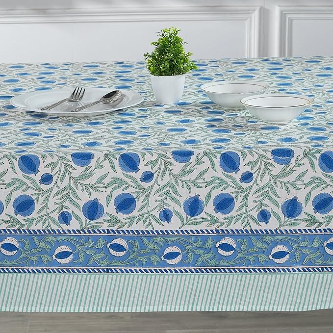 Ridhi Queen Blue Hand Block Print Cotton Rectangle Tablecloth 108" x 60" inches Reusable Table Cover Decorative Everyday Use for Dining, Farmhouse, Home, Party, Festive, Wedding, Fall