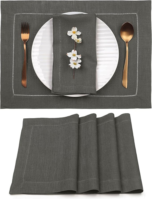 D'Moksha Homes Linen Placemats Set of 4 - Classic Hemstitch Charcoal Grey Placemats 14 x 19 Inch - 100% Pure Linen Table Mats for Christmas, Holiday, New Year - Handcrafted and Machine Washable