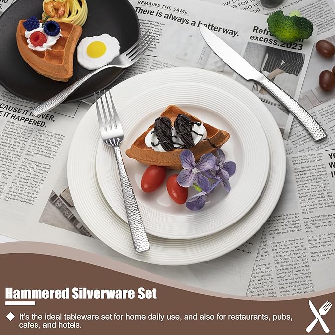 40 Piece Hammered Silverware Set, Stainless Steel Flatware Set for 8, Food Grade Cutlery Set for Home, Party, Wedding, Mirror Polished Dishwasher Safe