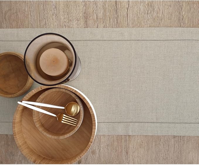 Solino Home Linen Natural Table Runner 156 Inches Long - 100% Pure Linen Extra Long Table Runner 14 x 156 Inch for New Year - Classic Hemstitch