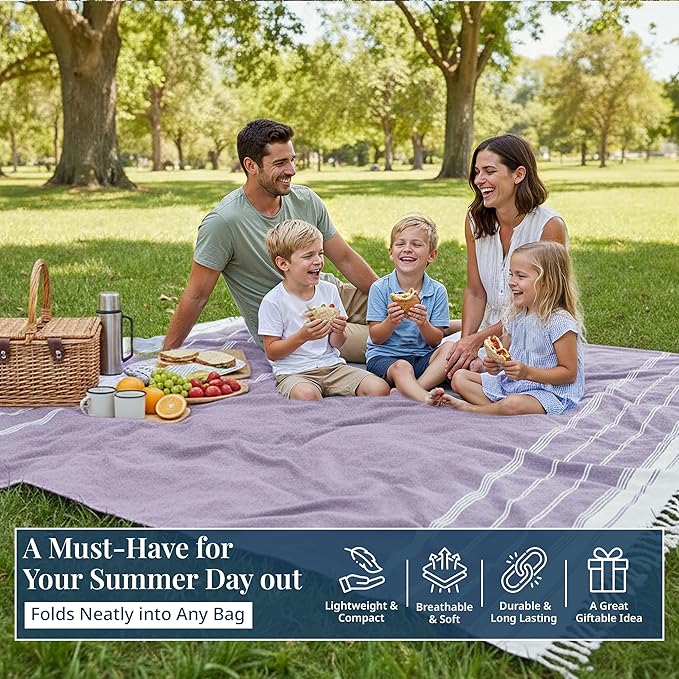 LANE LINEN Outdoor Blanket for Beach Necessities - Large Outdoor Blanket with Soft Pre-Washed, Diamond Weave Design (82"x82"), Beach Supplies for Summer Vacation, or Road Trips – Day Break