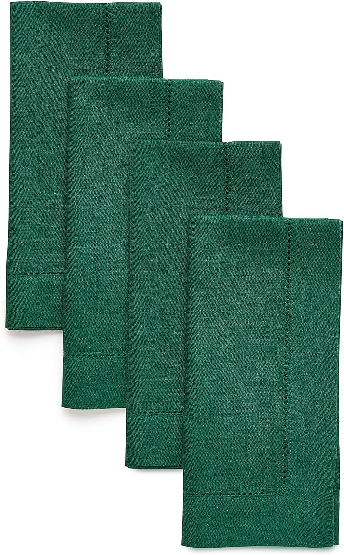 Solino Home Linen Napkins Set of 4 - Classic Hemstitch 100% Pure Linen Rainforest Green Dinner Napkins Cloth 20 x 20 Inch for Fall, Thanksgiving, Christmas, Holiday - Handcrafted and Machine Washable