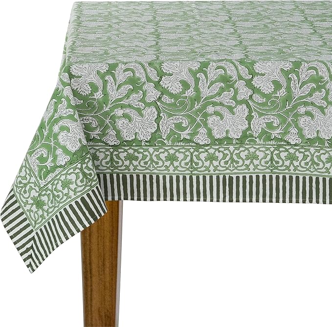 Ridhi - Hand Block Print Cotton Cloth Dinning Table Cover Wedding Farmhouse Thanks Giving Christmas Spring Tablecloth (Sage Green, 10 Seater 80x120 Inches)