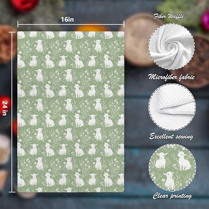 Sage Green Chinoiserie Lambs Kitchen Towels Decor,Floral Sheep Decorative Dish Tea Towels,Sage Green Grandmillennial Botanical Animal Hand Towels for Bathroom,16x24 Inch