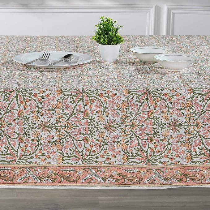 Ridhi Sassy Salmon Emerald Green Hand Block Print Cotton Rectangle Tablecloth 108" x 70" inches Reusable Table Cover Decorative Everyday Use for Dining, Farmhouse, Home, Party, Festive, Wedding, Fall