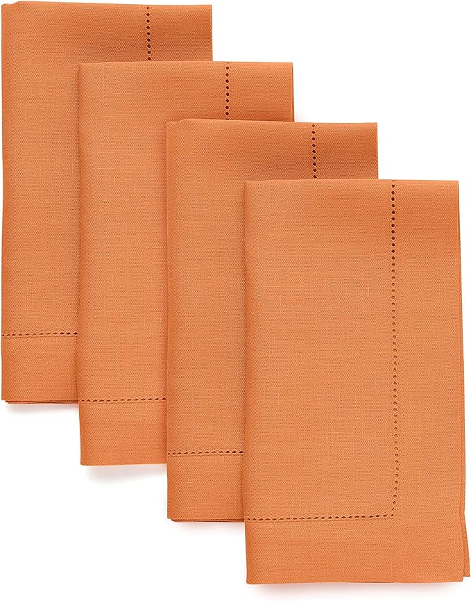 Solino Home Linen Napkins Set of 4 - Classic Hemstitch 100% Pure Linen Pumpkin Dinner Napkins Cloth 20 x 20 Inch for Holiday - Handcrafted and Machine Washable