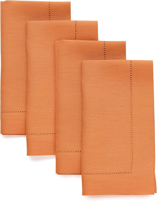 Solino Home Linen Napkins Set of 4 - Classic Hemstitch 100% Pure Linen Pumpkin Dinner Napkins Cloth 20 x 20 Inch for Holiday - Handcrafted and Machine Washable