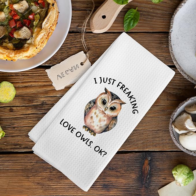 Funny Owl Kitchen Towels, Owl Gifts for Women, Cute I Just Freaking Love Owls Decor Dish Hand Tea Towels for Home Bathroom Kitchen, Woodsy Animals Kids Bathroom Decor, 16x24 Inches