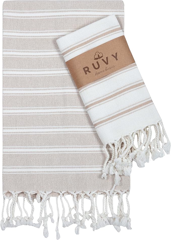 Ruvy Home Basics Turkish Hand Towels for Bathroom Set of 2 | 18"x40", Cotton | Decorative Towel for Bathroom, Kitchen, Dishcloth, Tea, Yoga, Face, Gym - Beige