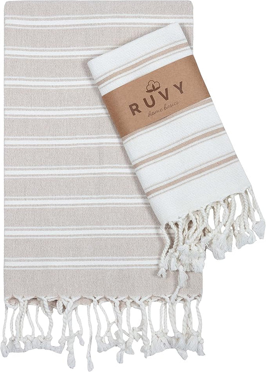 Ruvy Home Basics Turkish Hand Towels for Bathroom Set of 2 | 18"x40", Cotton | Decorative Towel for Bathroom, Kitchen, Dishcloth, Tea, Yoga, Face, Gym - Beige