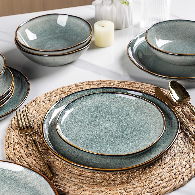 AmorArc Ceramic Dinnerware Sets,Handmade Reactive Glaze Stonewre Plates and Bowls Sets,Highly Chip and Crack Resistant | Dishwasher & Microwave Safe Dishes Set,Service for 4 (12pc)