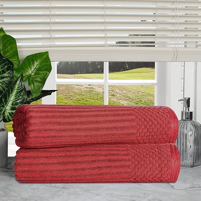 Cotton 2-Piece Solid and Ribbed Bath Sheet Set, Bath Sheets- 34" x 68", Burgundy by Superior