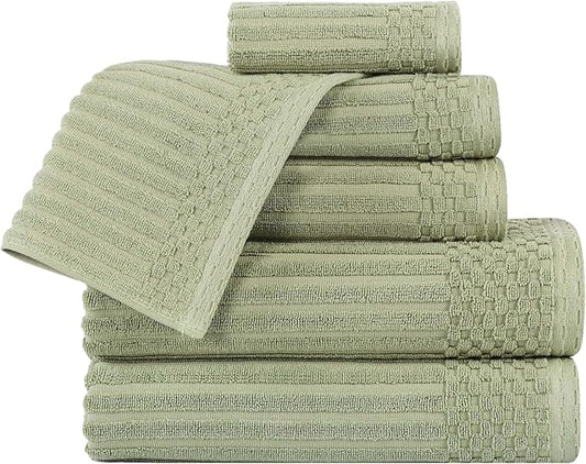 Cotton 6-Piece Solid and Ribbed Towel Set, Face Towels 13” x 13”, Hand Towels 16” x 28”, Bath Towels 27” x 54”, Sage by Superior
