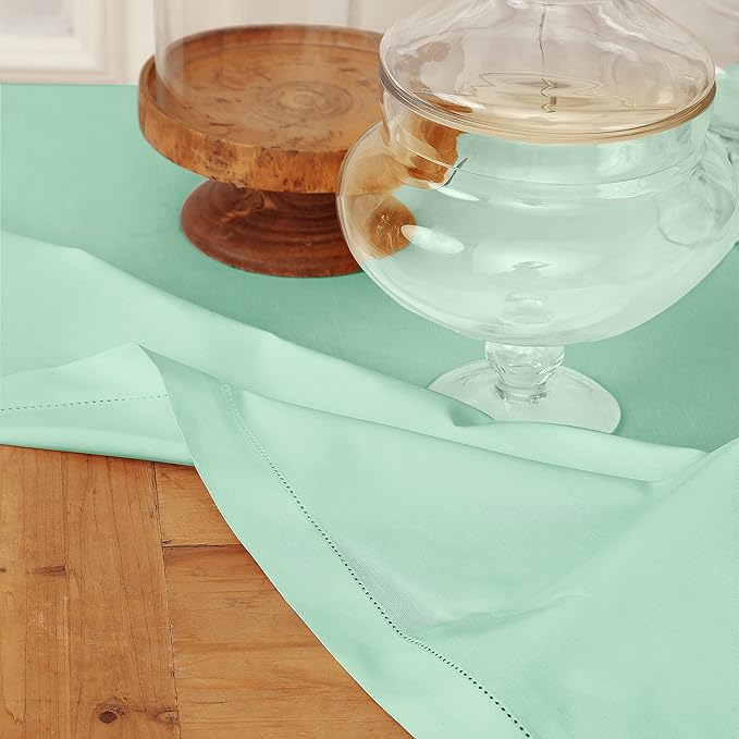 Solino Home Aqua Tablecloth 58 x 84 Inch - Cotton Linen Hemstitch Rectangular Tablecloth - Machine Washable Table Cloth for Winter