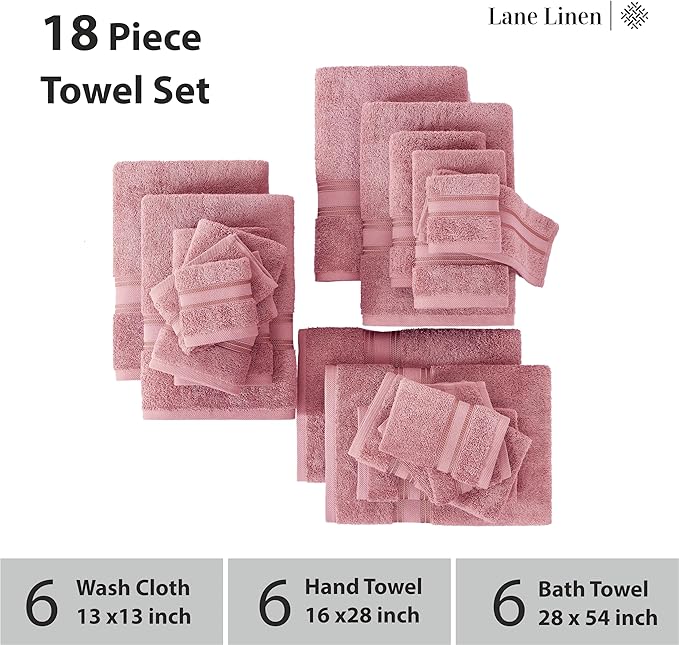 LANE LINEN Premium Bath Towel Set of 18 – 100% Cotton, 6 Bath, 6 Hand Towels & 6 Washcloths, Zero Twist, Ultra Soft & Durable, Quick-Dry, Ideal for Spa, Hotel & Everyday Use – Wishful Mauve